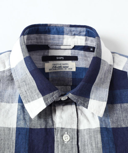 SHIPS: "Shuttle notes" コットン/リネン ナローカラー シャツ