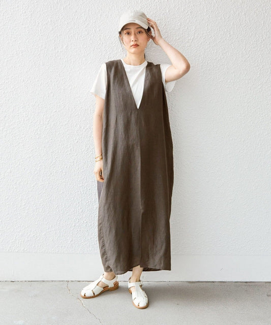 〈手洗い可能〉サフィラン リネン Vネック ワンピース