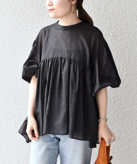 〈洗濯機可能〉バックリボンギャザーシアーブラウス