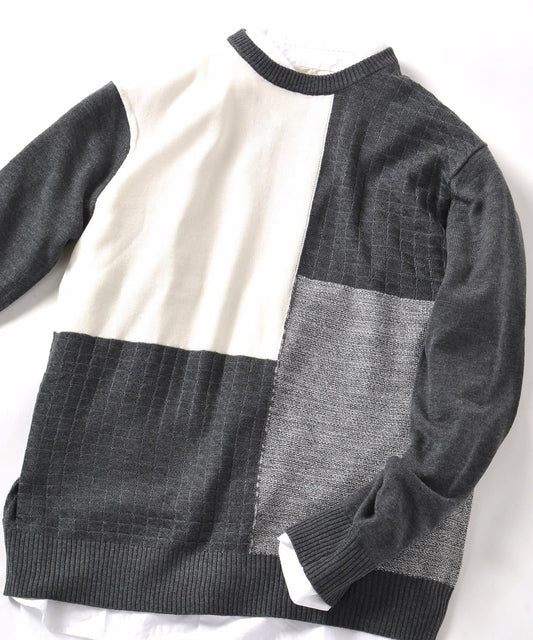 SHIPS JET BLUE: パッチワーククルーネックニット