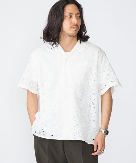 BENCH MARKING SHIRT: フラワーレース オープンカラー ショートスリーブ シャツ