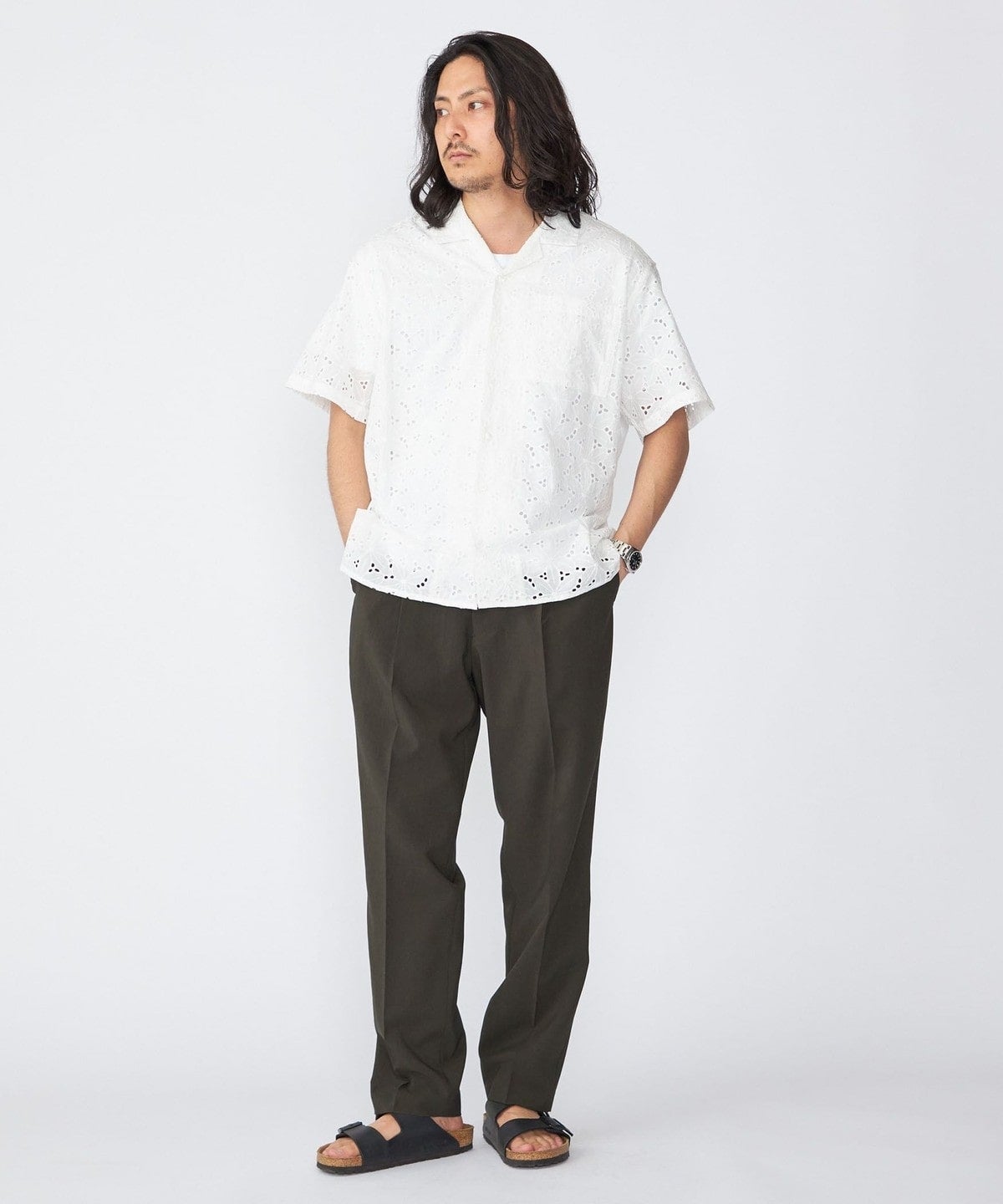 BENCH MARKING SHIRT: フラワーレース オープンカラー ショートスリーブ シャツ