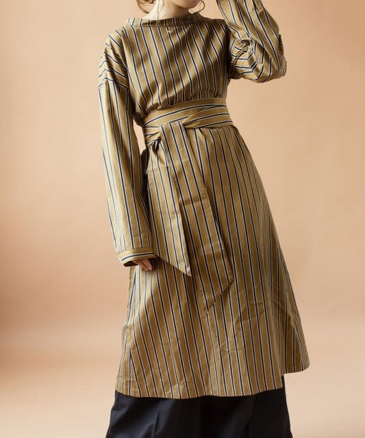 SHIPS BLUESTORE:2WAYキャメルストライプバックリボンワンピース