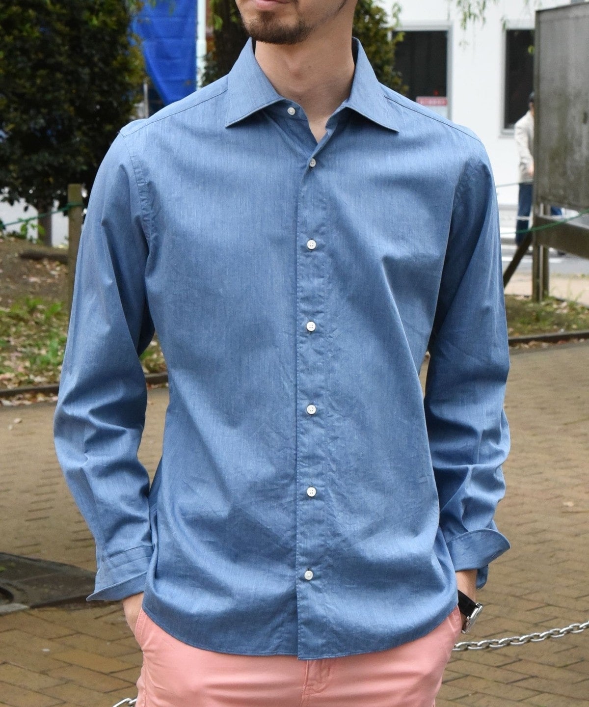 SHIPS:【テレワーク対応可能】SPAIN FABRIC ウォッシュド インディゴライク ワイドカラー シャツ