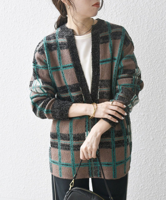 SHIPS any:〈手洗い可能〉チェック ジャカード スキッパー 深Vネック ニット
