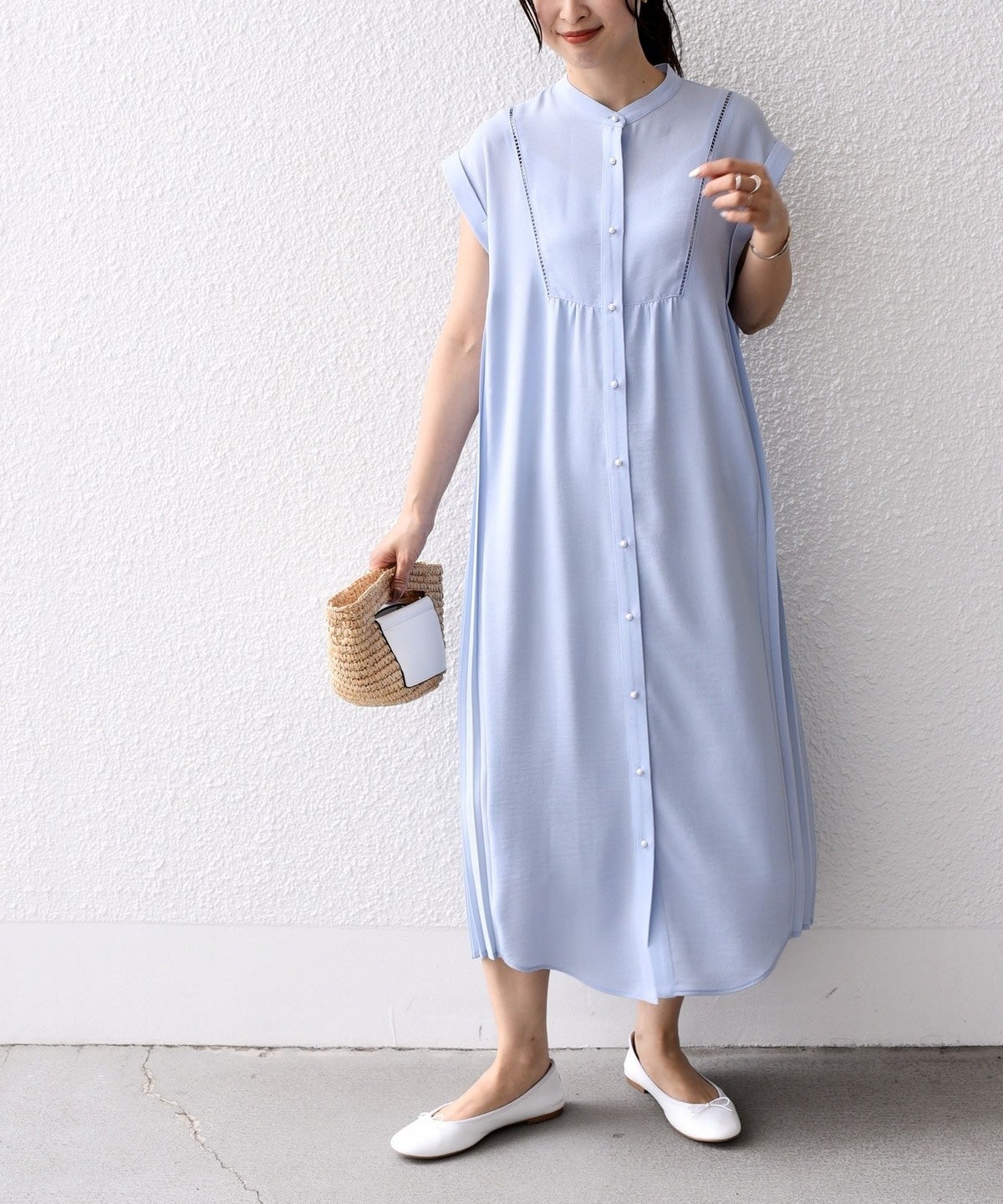 【0534】新品　アナイ　ジョーゼットプリーツワンピース　36 水色 手洗い可能〉ストレッチ ジョーゼット プリーツ ワンピース / S
