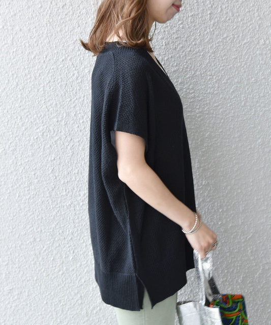 SHIPS any:〈手洗い可能〉リネン ミックス フレンチスリーブ Vネック プルオーバー