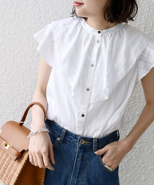 〈手洗い可能〉ドビー ストライプ フリル ラッフル ブラウス