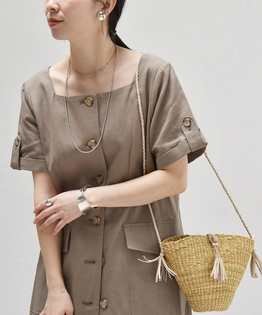 quaranciel:〈洗濯機可能〉コットン リネン サファリ ロング ワンピース