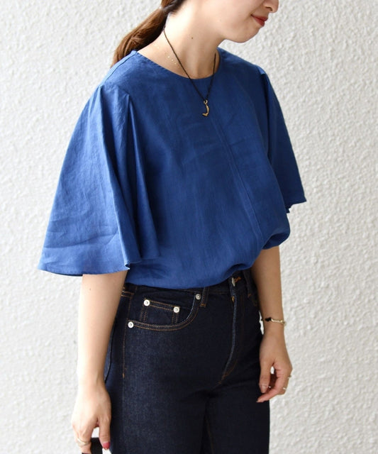 〈手洗い可能〉ラミーショートスリーブバックリボンブラウス