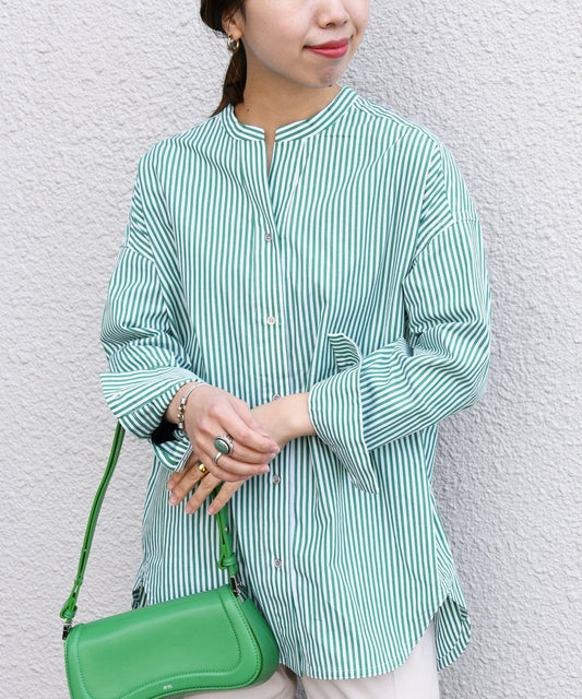 SHIPS any:〈洗濯機可能〉ロンドンストライプ バンドカラー シャツ