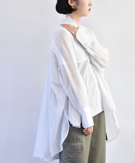 quaranciel:〈洗濯機可能〉コットン ボイル ピンタック バンドカラー シャツ