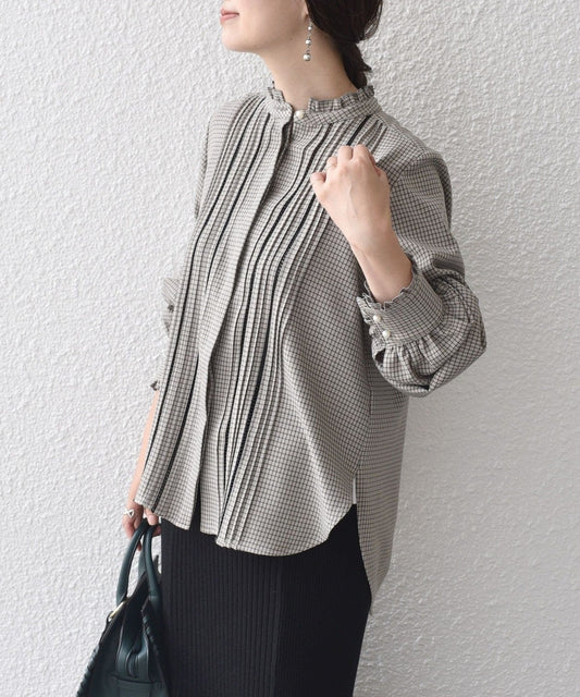 〈手洗い可能〉配色 チェック ソリッド ハシゴレース ピンタック ブラウス