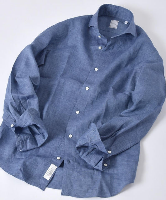 SD:【ALBINI】 ウォッシュド リネン ソリッド ホリゾンタルカラーシャツ(ブルー系)
