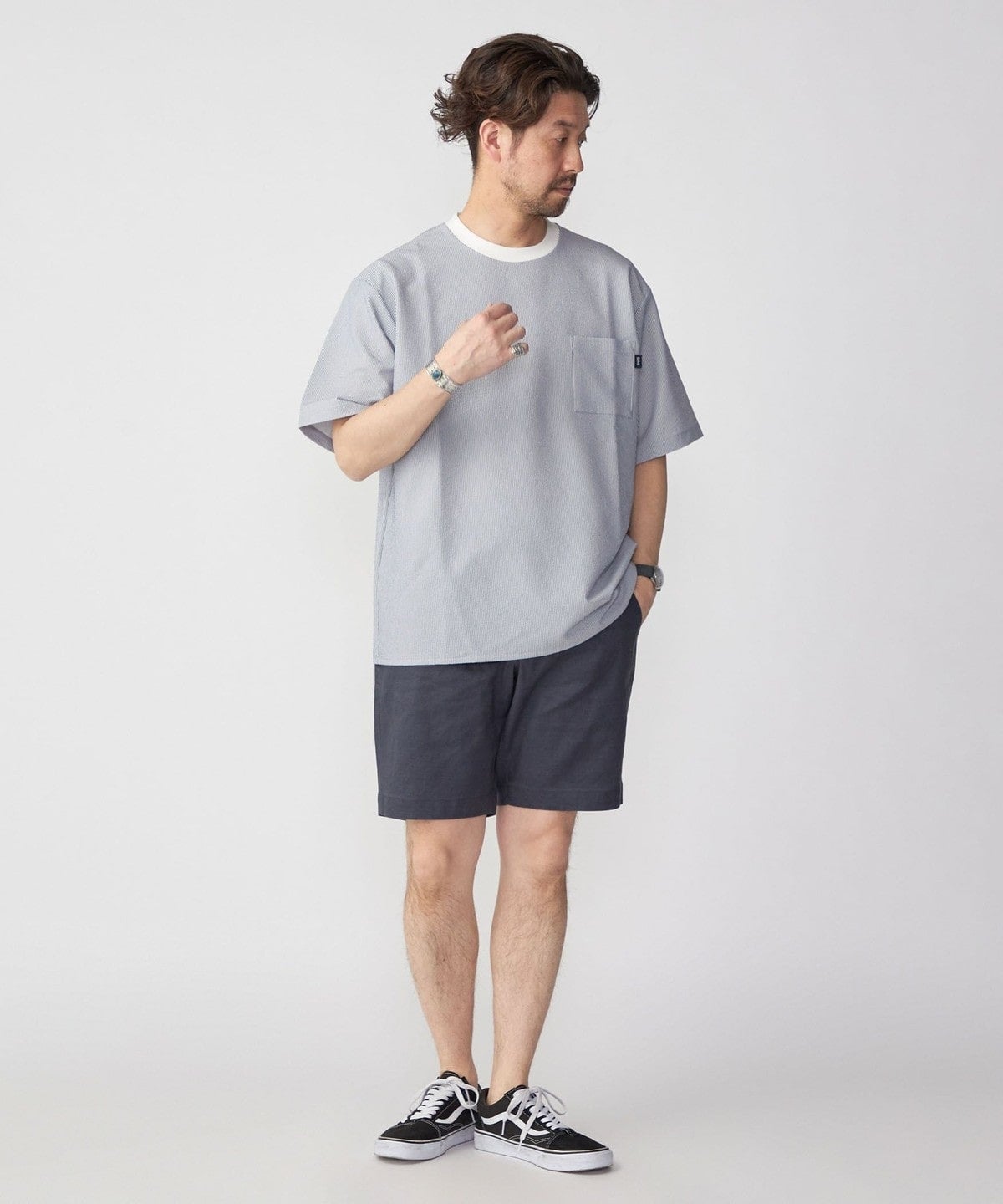 SHIPS: COOLMAX(R) シアサッカー ストライプ クルーネック Tシャツ