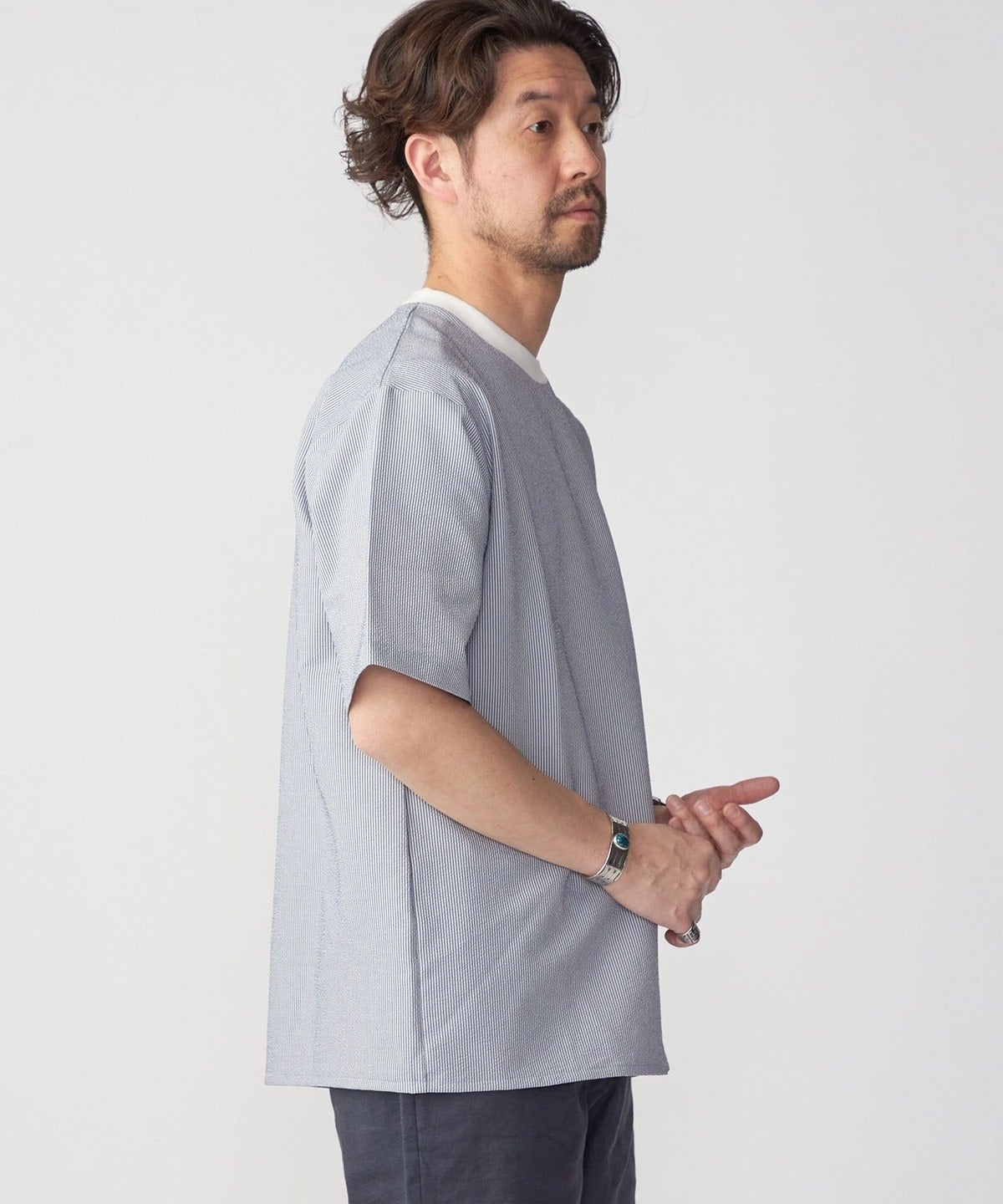 SHIPS: COOLMAX(R) シアサッカー ストライプ クルーネック Tシャツ
