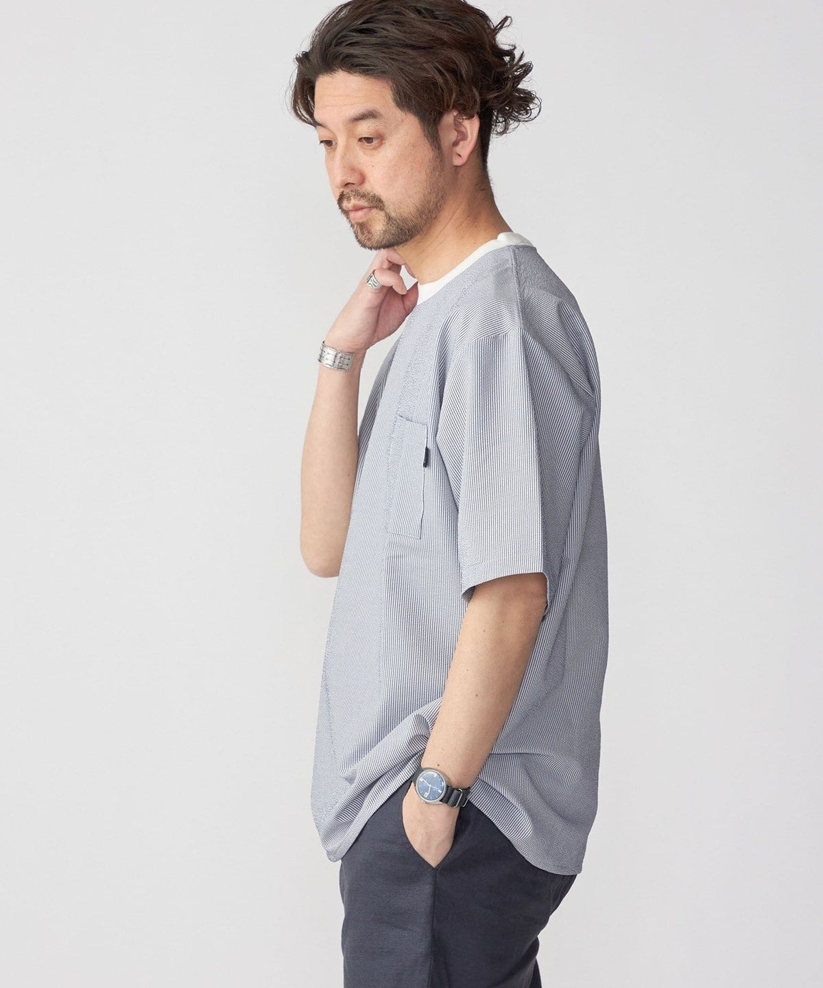SHIPS: COOLMAX(R) シアサッカー ストライプ クルーネック Tシャツ