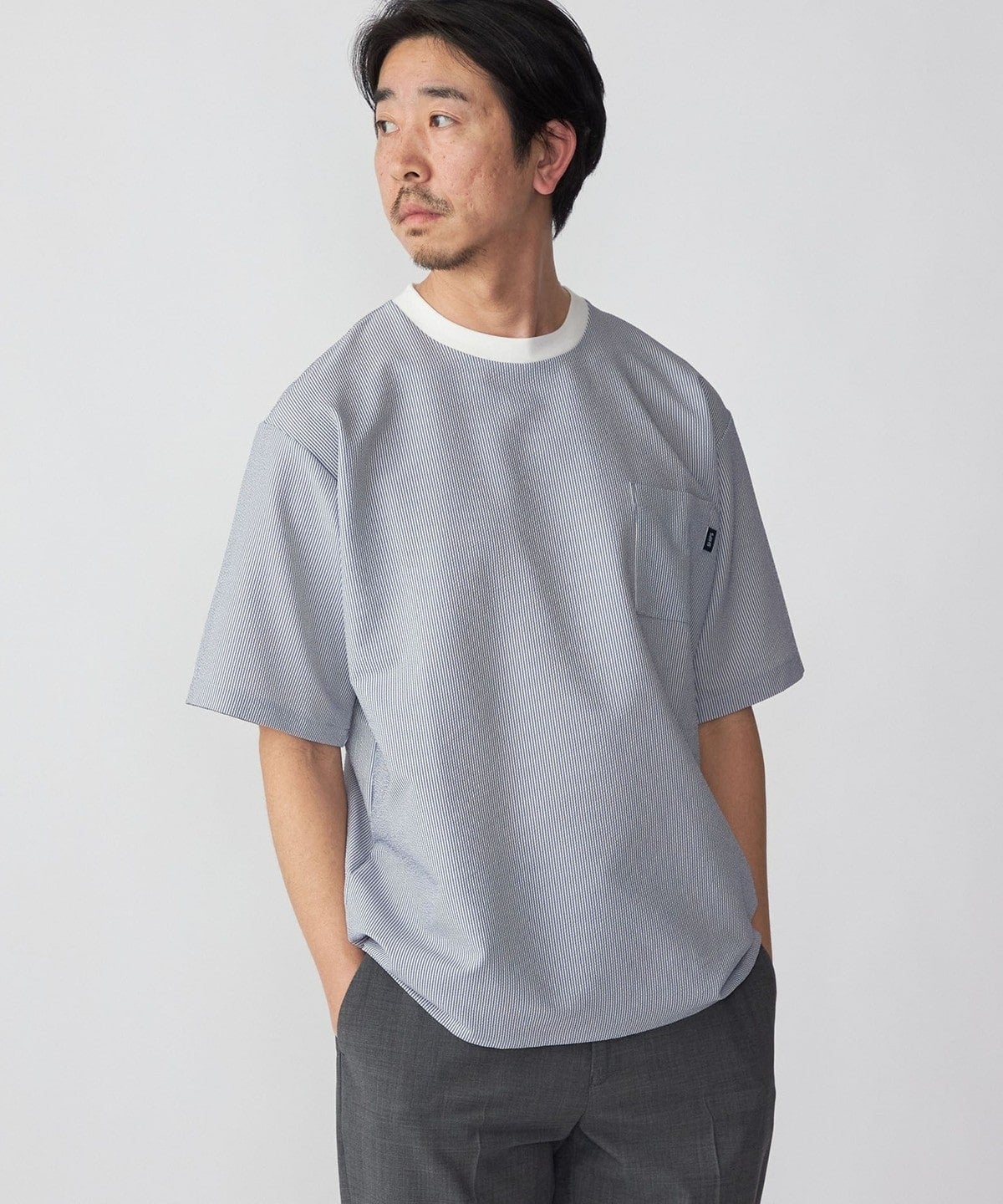 SHIPS: COOLMAX(R) シアサッカー ストライプ クルーネック Tシャツ