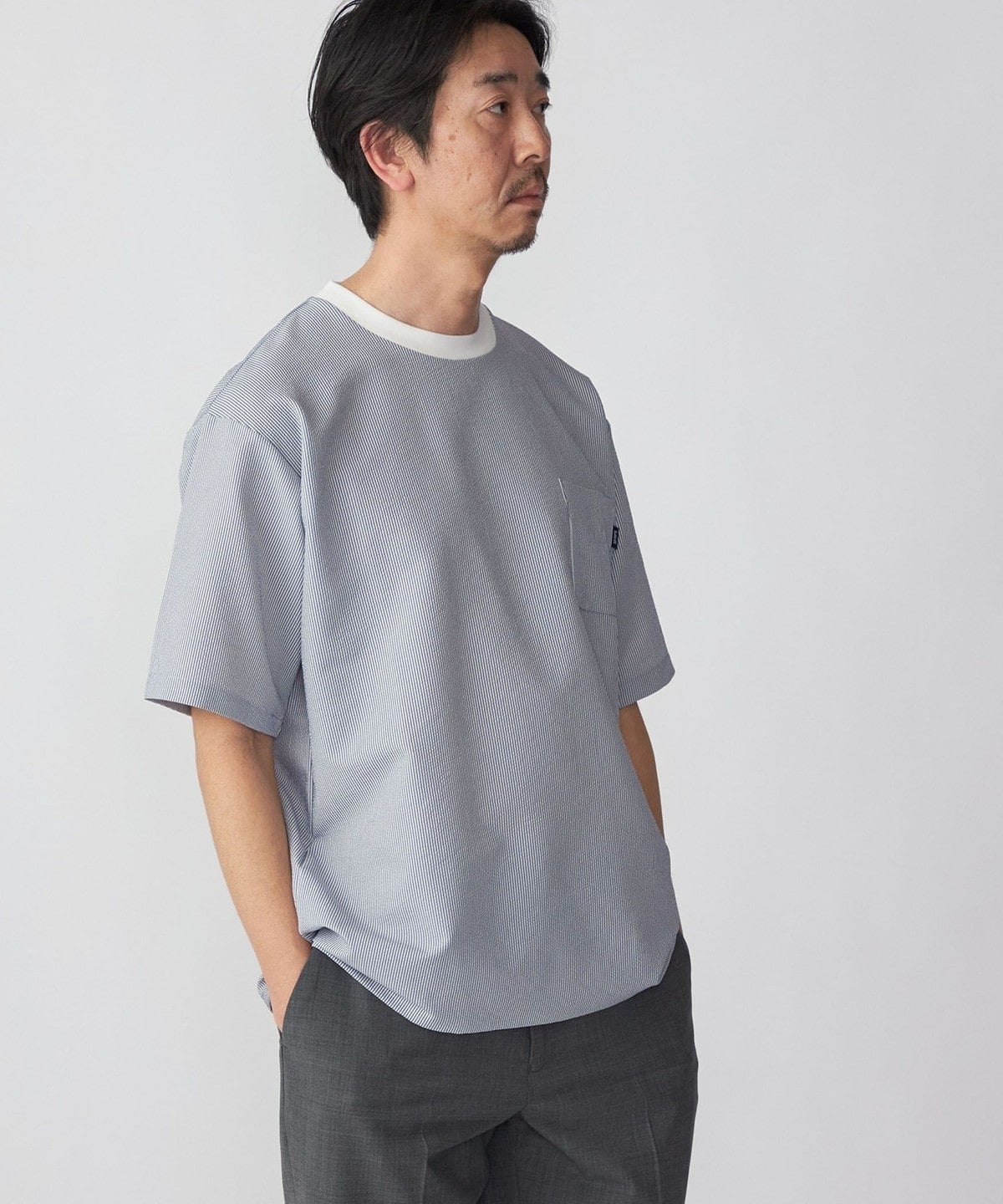 SHIPS: COOLMAX(R) シアサッカー ストライプ クルーネック Tシャツ
