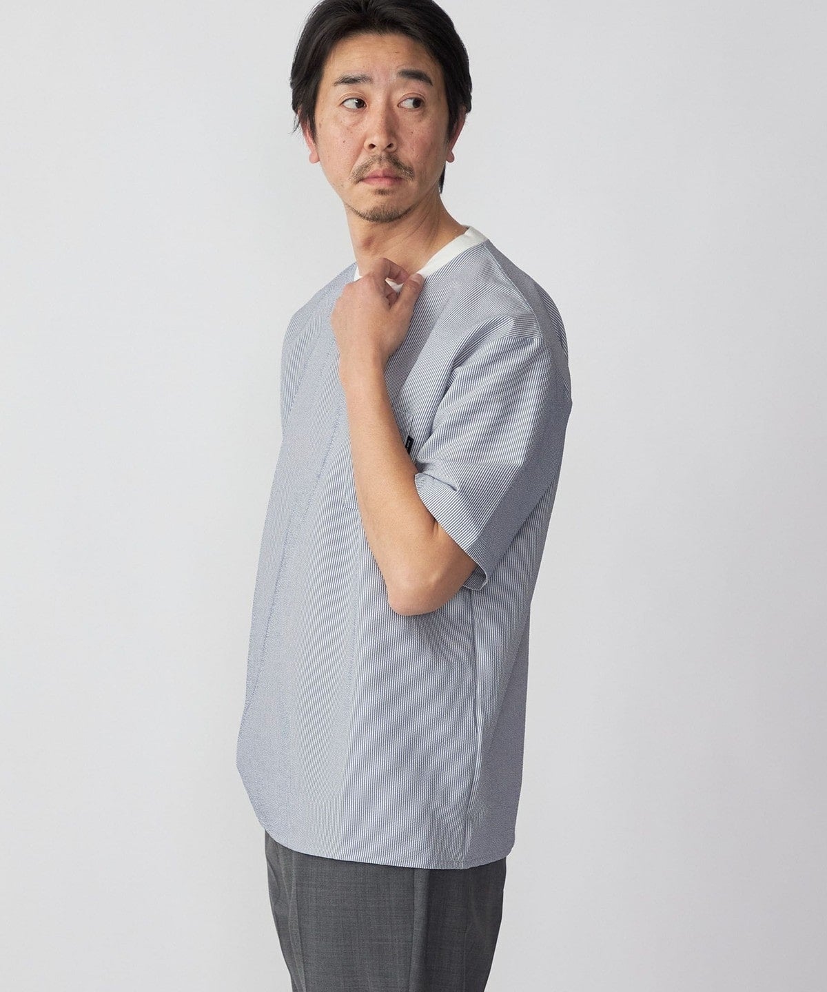 SHIPS: COOLMAX(R) シアサッカー ストライプ クルーネック Tシャツ