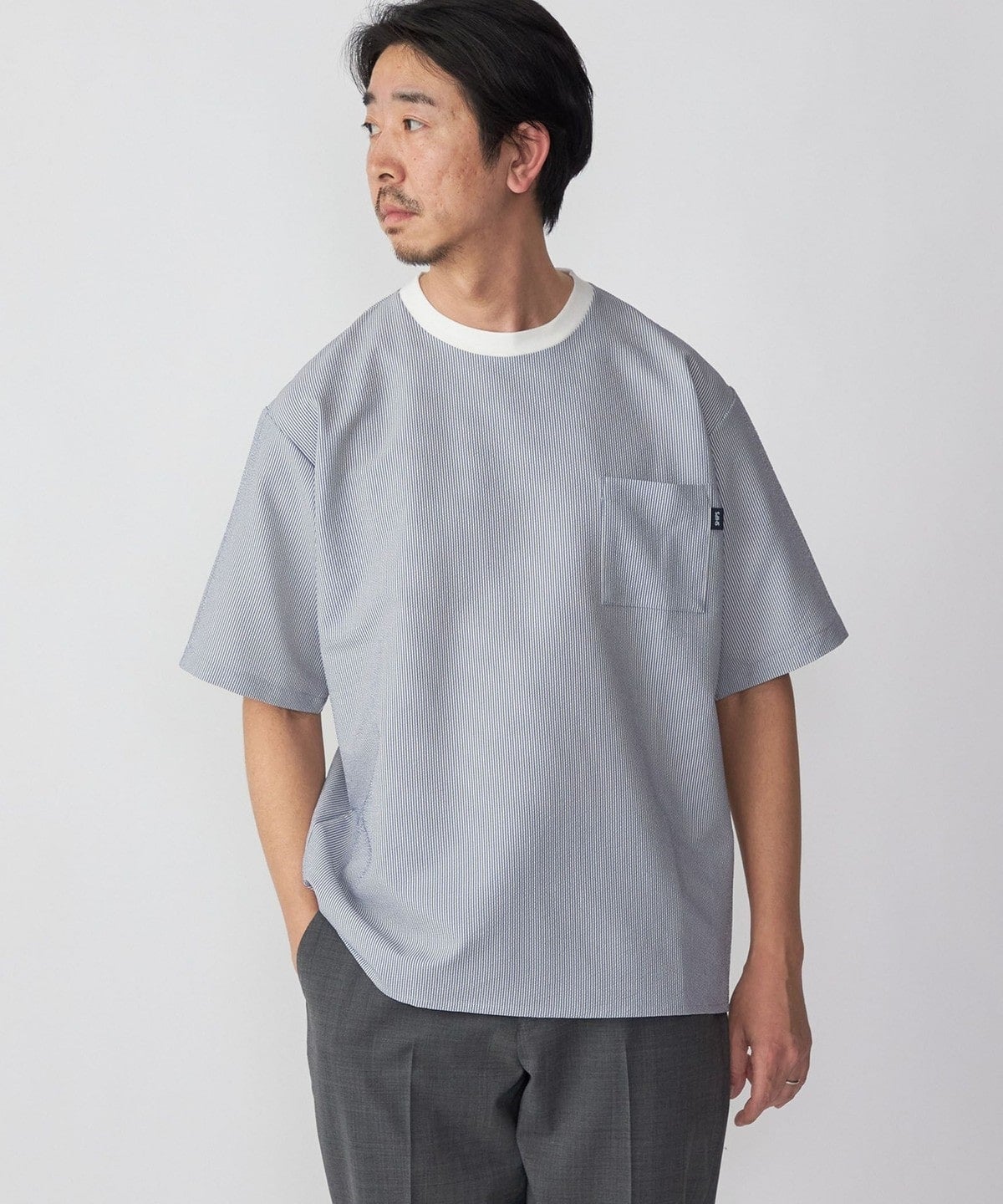SHIPS: COOLMAX(R) シアサッカー ストライプ クルーネック Tシャツ