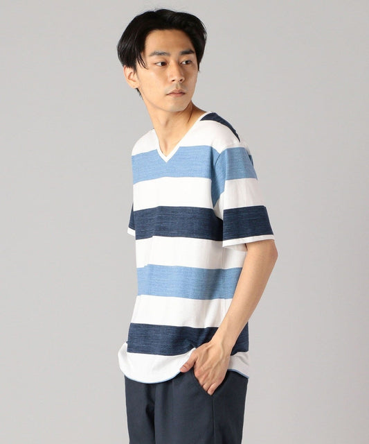 SHIPS: japan quality ワイドボーダー/パネル Vネック Tシャツ