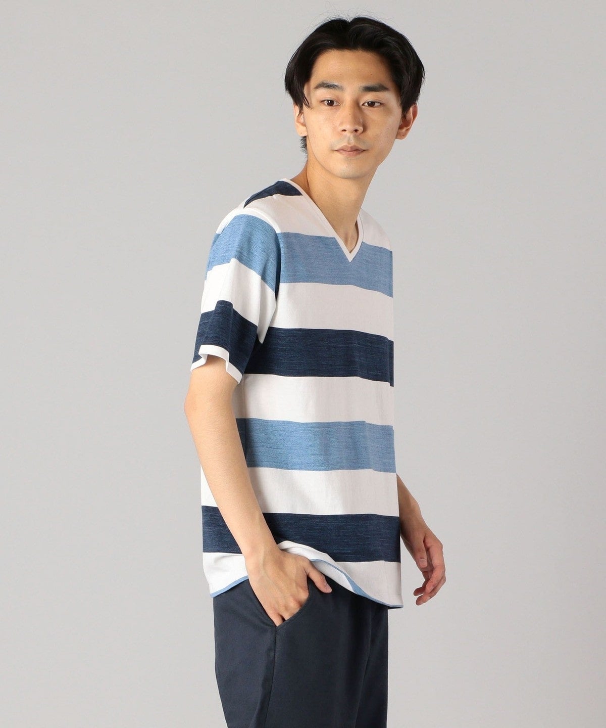 SHIPS: japan quality ワイドボーダー/パネル Vネック Tシャツ