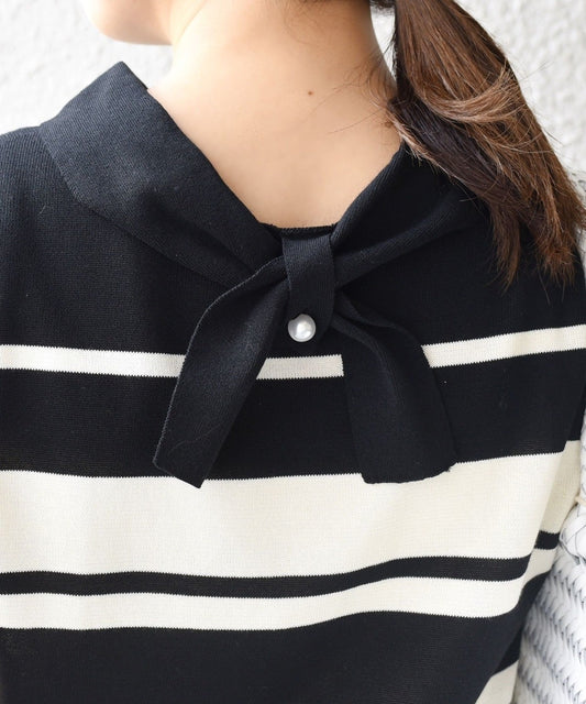 〈手洗い可能/UVカット/接触冷感〉パールモチーフボウタイニット ボーダー/ソリッド