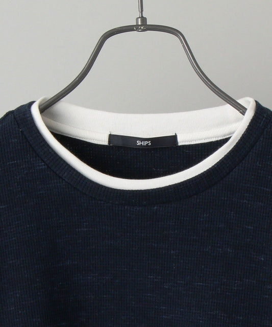 SHIPS: メランジ ワッフル フェイクレイヤード クルーネック ロングスリーブ Tシャツ (ロンT)