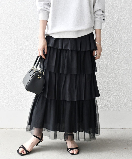 SHIPS any:〈手洗い可能〉チュール ティアード ロング スカート