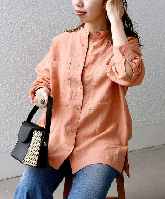 SHIPS any:〈洗濯機可能〉リネン スタンドカラー ポケット シャツ