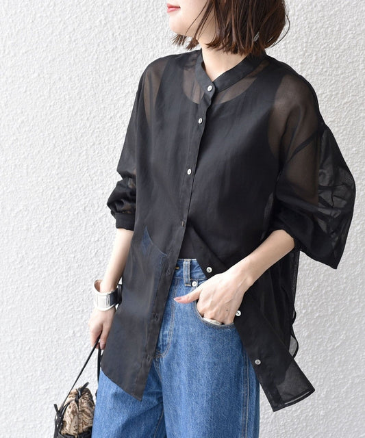 〈手洗い可能〉デザイン スリーブ シアー シャツ