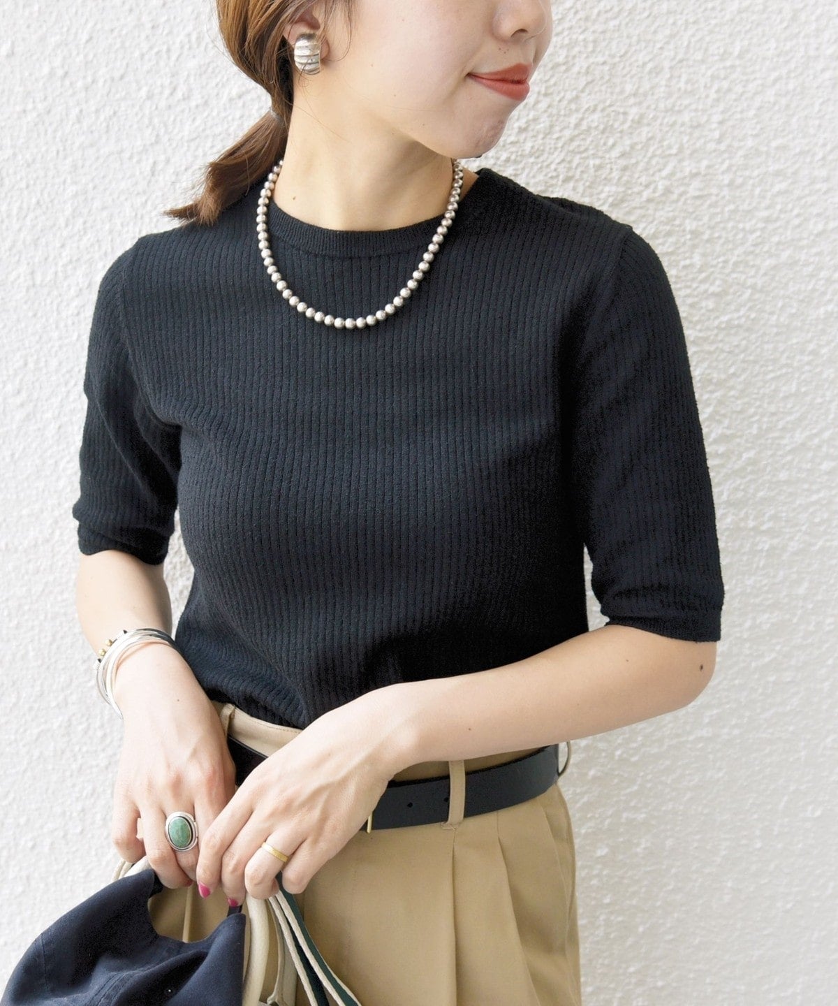 〈手洗い可能〉コットン ナイロン リブ ニット TEE