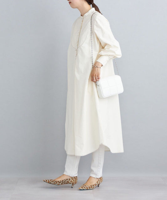 〈手洗い可能〉パールモチーフボタンワンピース ストライプ/ソリッド