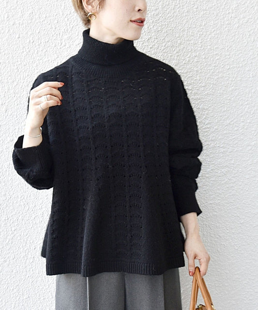 SHIPS any: レース編み フレア タートルネック ニット プルオーバー