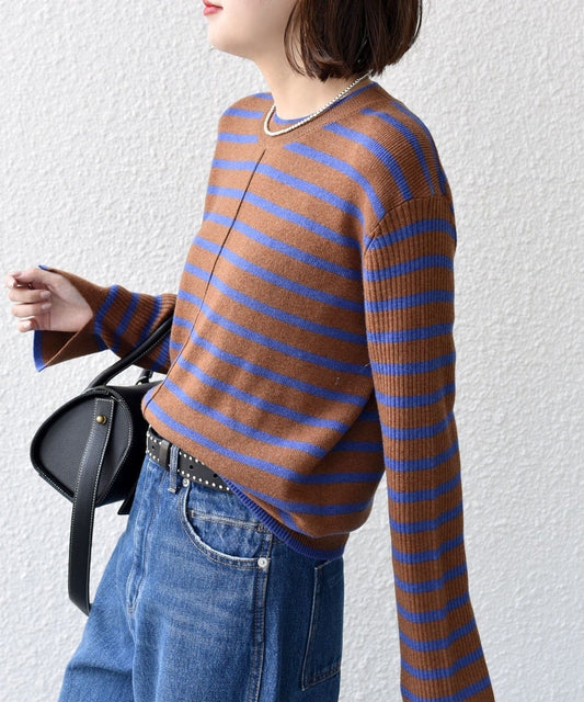 【WEB限定】〈手洗い可能〉ボーダー リブ スリーブ ベーシック ニット