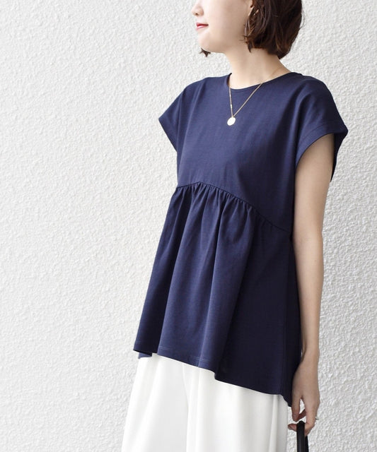 〈洗濯機可能〉コットン 天竺 ウエスト 切替 ギャザー プルオーバー