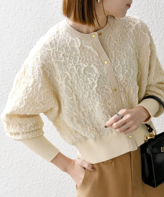 SHIPS any:〈手洗い可能〉ジャカード バンピー コンパクト カーディガン