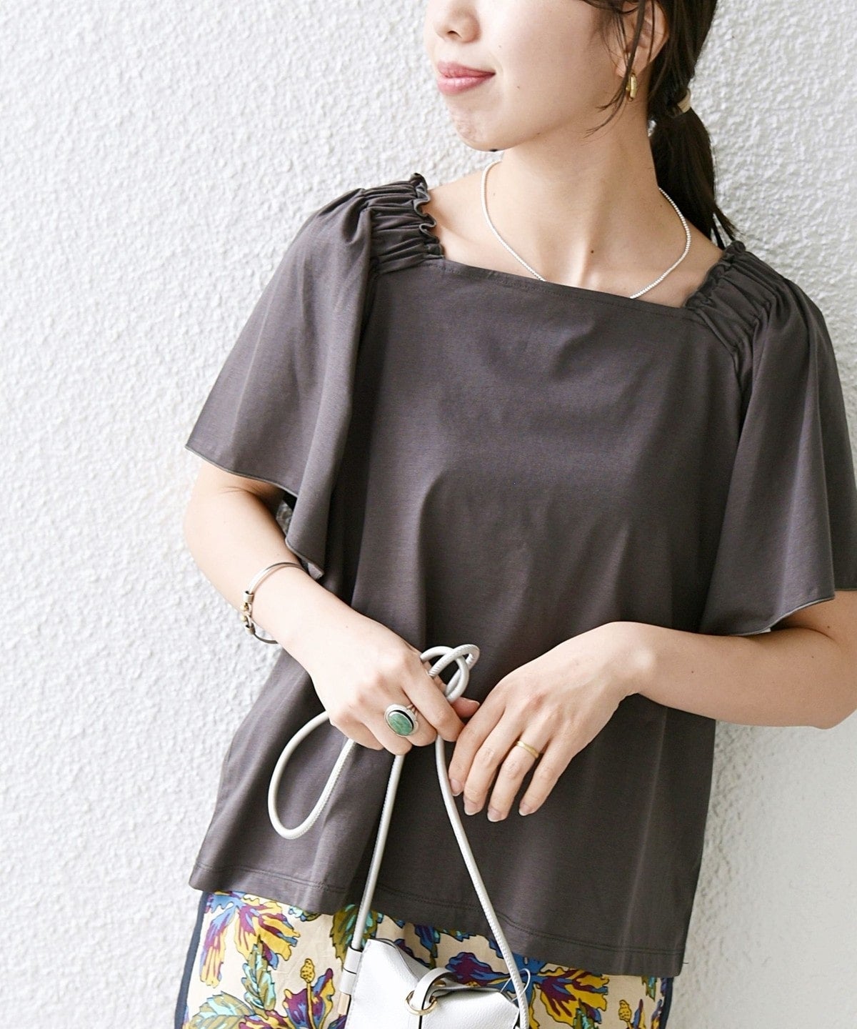 SHIPS any:〈洗濯機可能〉ギャザー フリル スクエアネック TEE