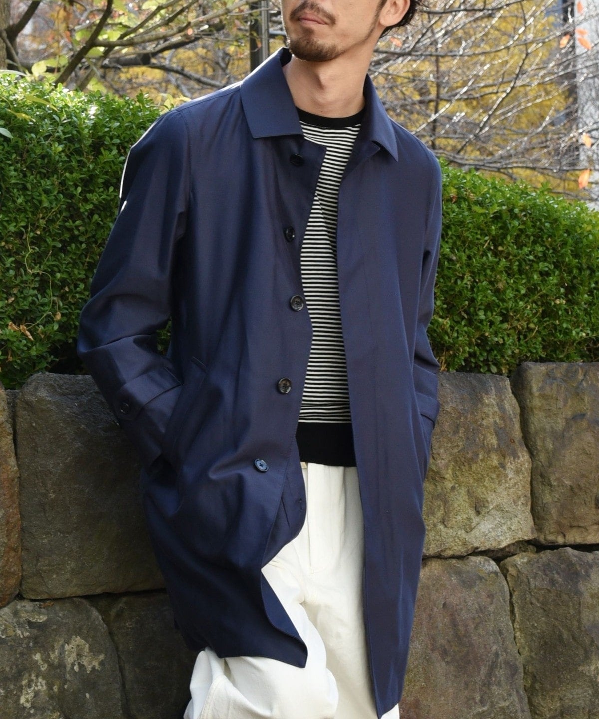 限定コラボ　シップス　ロロピアーナ　ステンカラーコート　ライナー　防風　防水　紺 SHIPS: ロロピアーナ社製生地 【RAIN SYSTEM】コットン ステンカラー