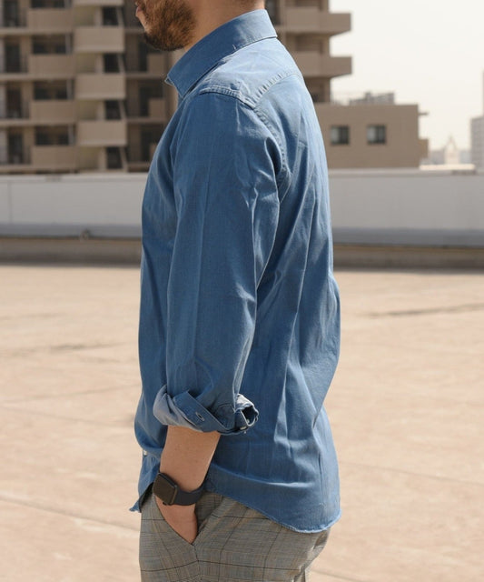 SHIPS:JAPAN FABRIC ウォッシュド ストレッチ インディゴ ワイド カラー