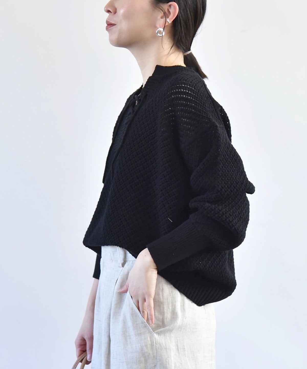 quaranciel:〈手洗い可能〉アイレット スキッパー レースアップ プルオーバー