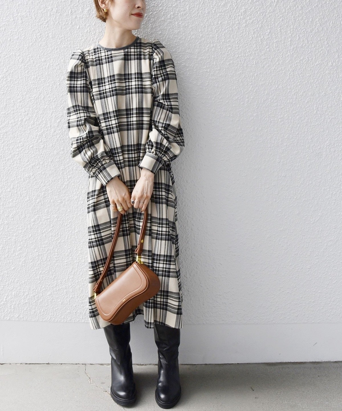 SHIPS any:〈ウォッシャブル〉チェック パイピング パフ スリーブ ワンピース