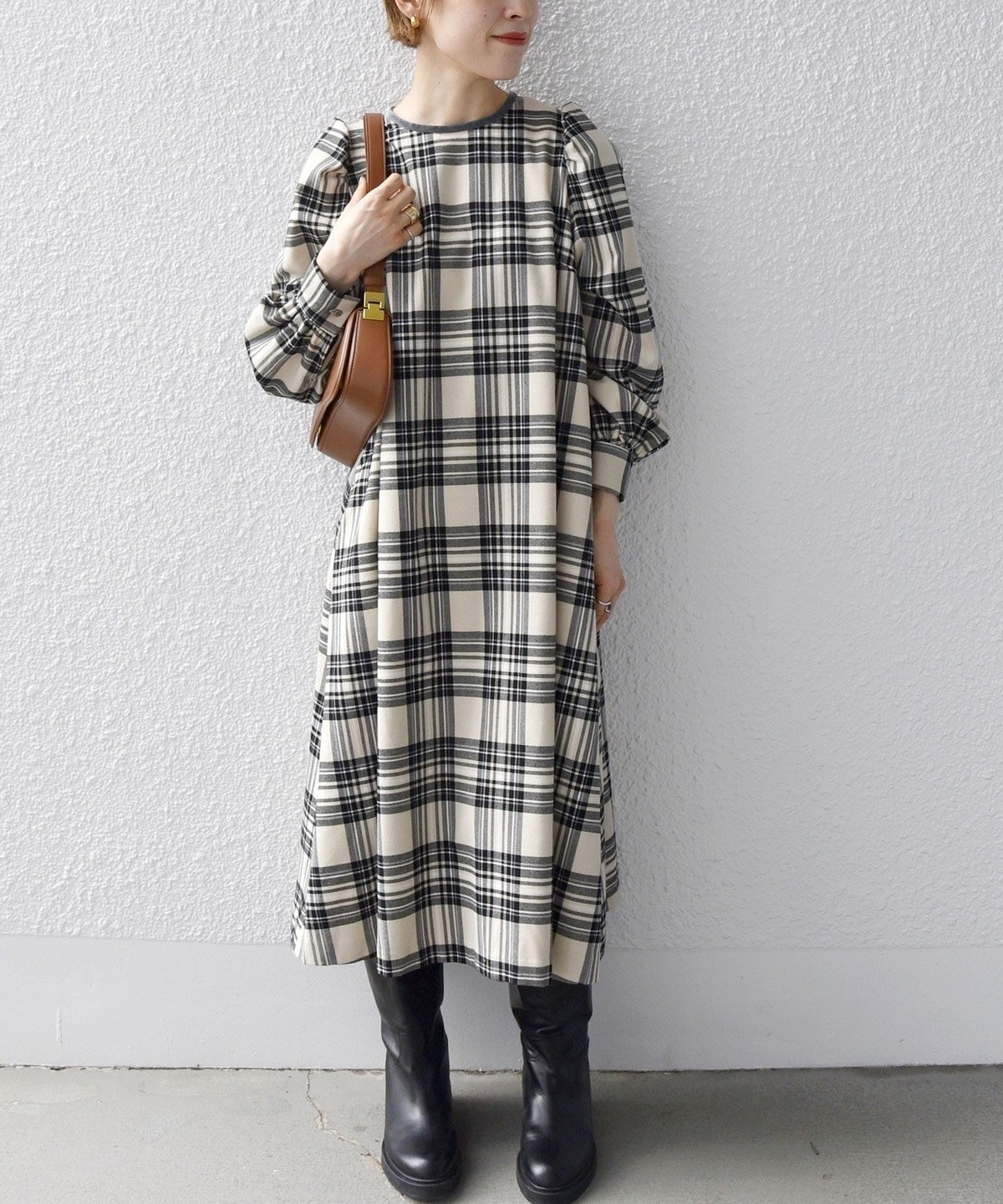 SHIPS any:〈ウォッシャブル〉チェック パイピング パフ スリーブ ワンピース