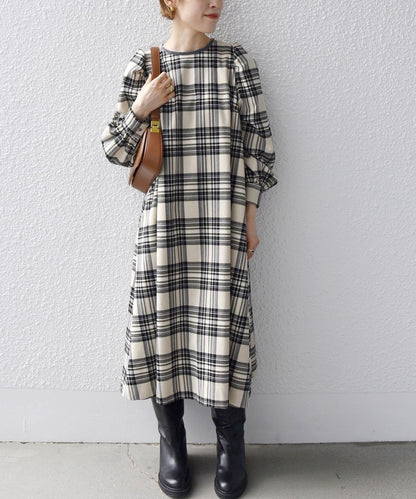 SHIPS any:〈ウォッシャブル〉チェック パイピング パフ スリーブ ワンピース