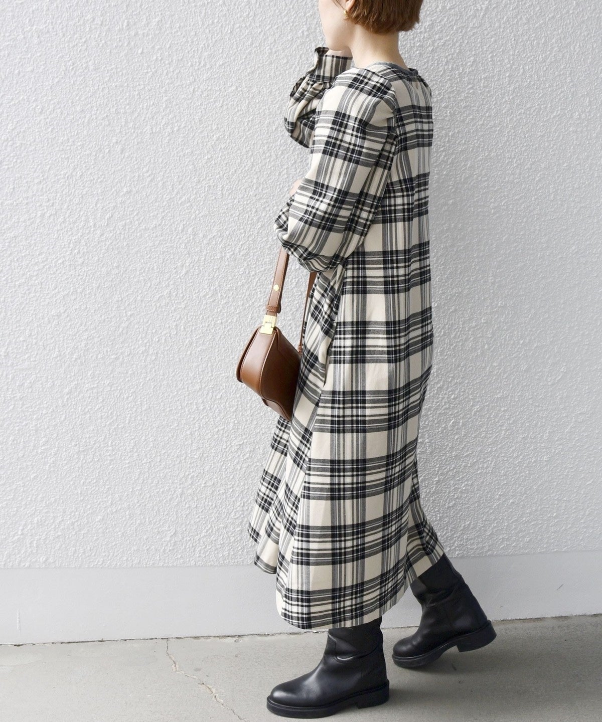 SHIPS any:〈ウォッシャブル〉チェック パイピング パフ スリーブ ワンピース