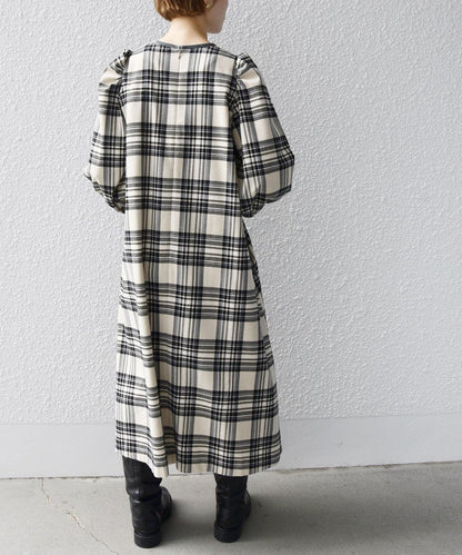 SHIPS any:〈ウォッシャブル〉チェック パイピング パフ スリーブ ワンピース