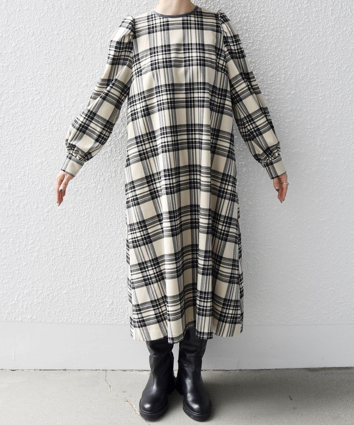 SHIPS any:〈ウォッシャブル〉チェック パイピング パフ スリーブ ワンピース