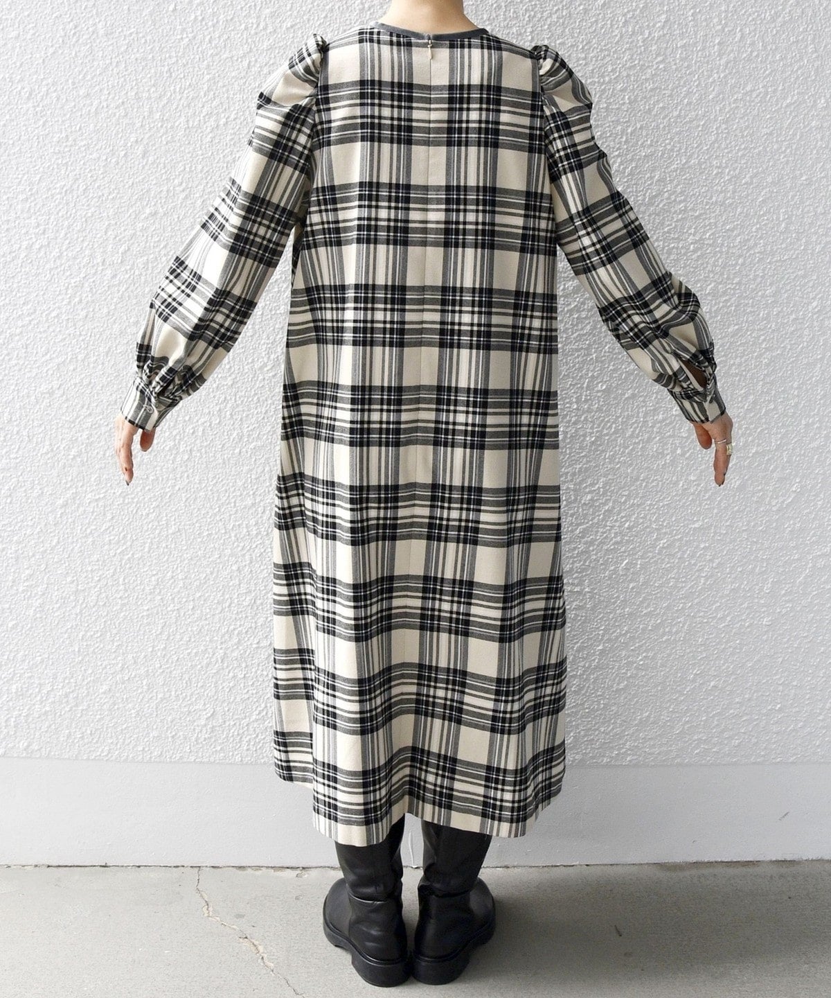 SHIPS any:〈ウォッシャブル〉チェック パイピング パフ スリーブ ワンピース