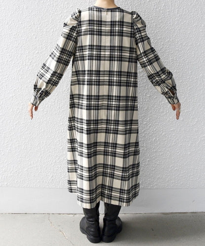 SHIPS any:〈ウォッシャブル〉チェック パイピング パフ スリーブ ワンピース